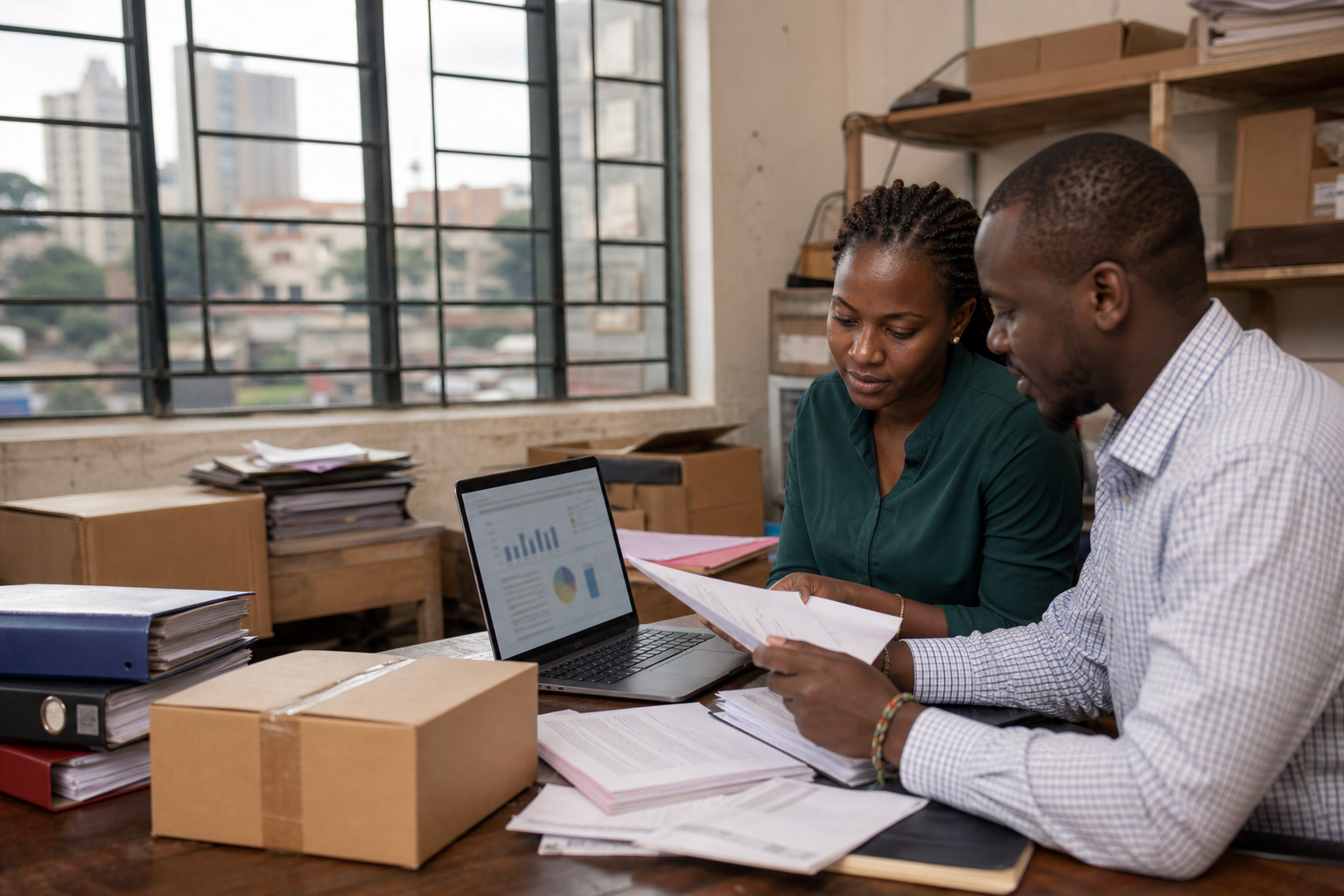 Kenyan business team reviewing import and export documents with a laptop