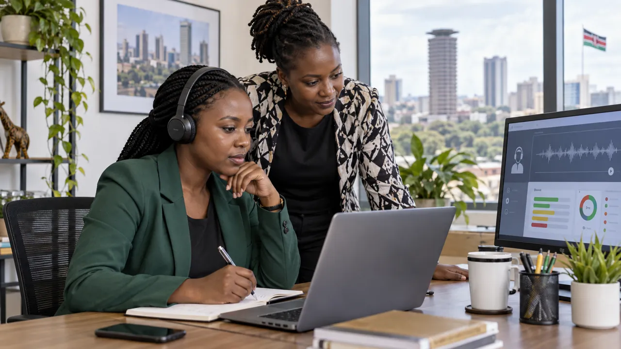 Customer-experience researcher reviewing a service call in Kenya