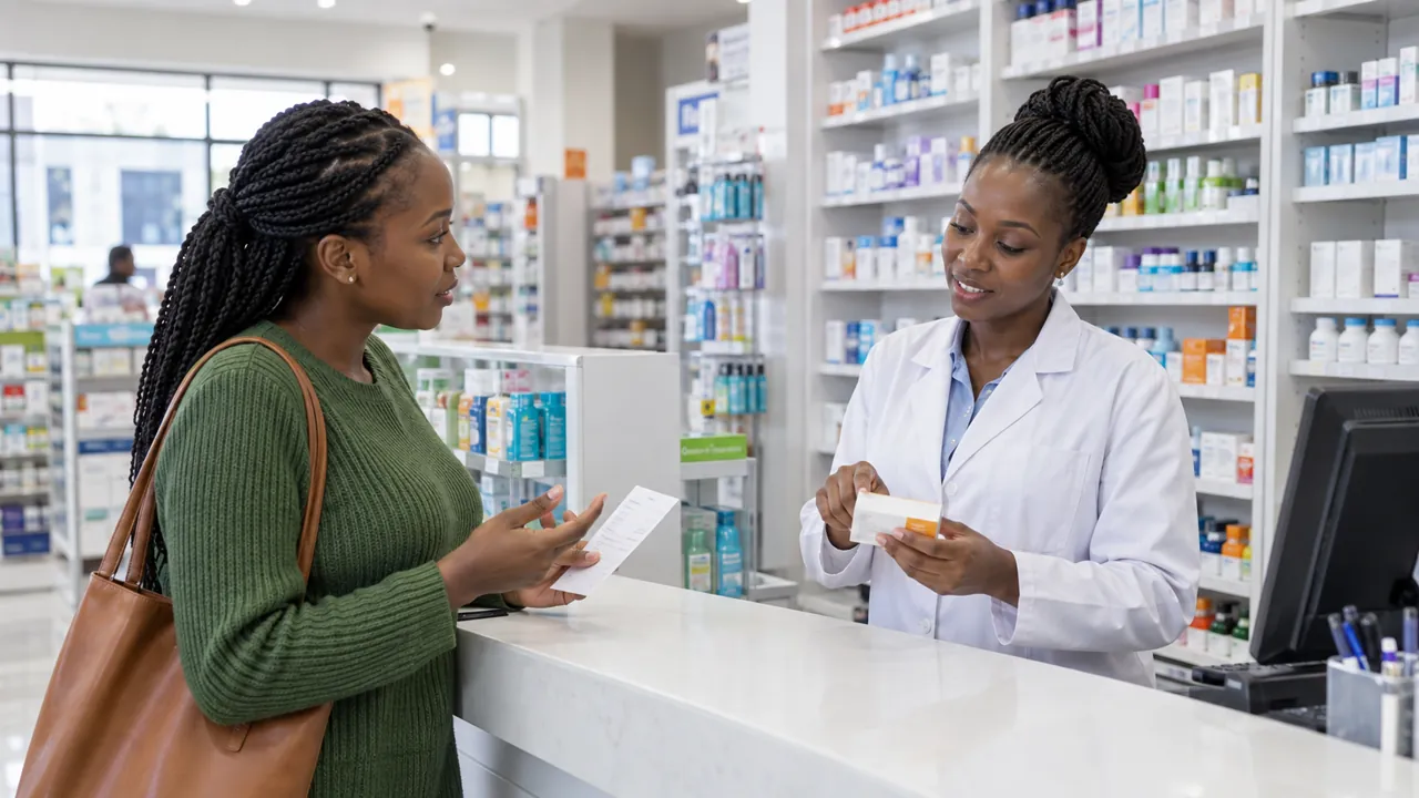 Mystery shopper assessing customer service in a Kenyan pharmacy