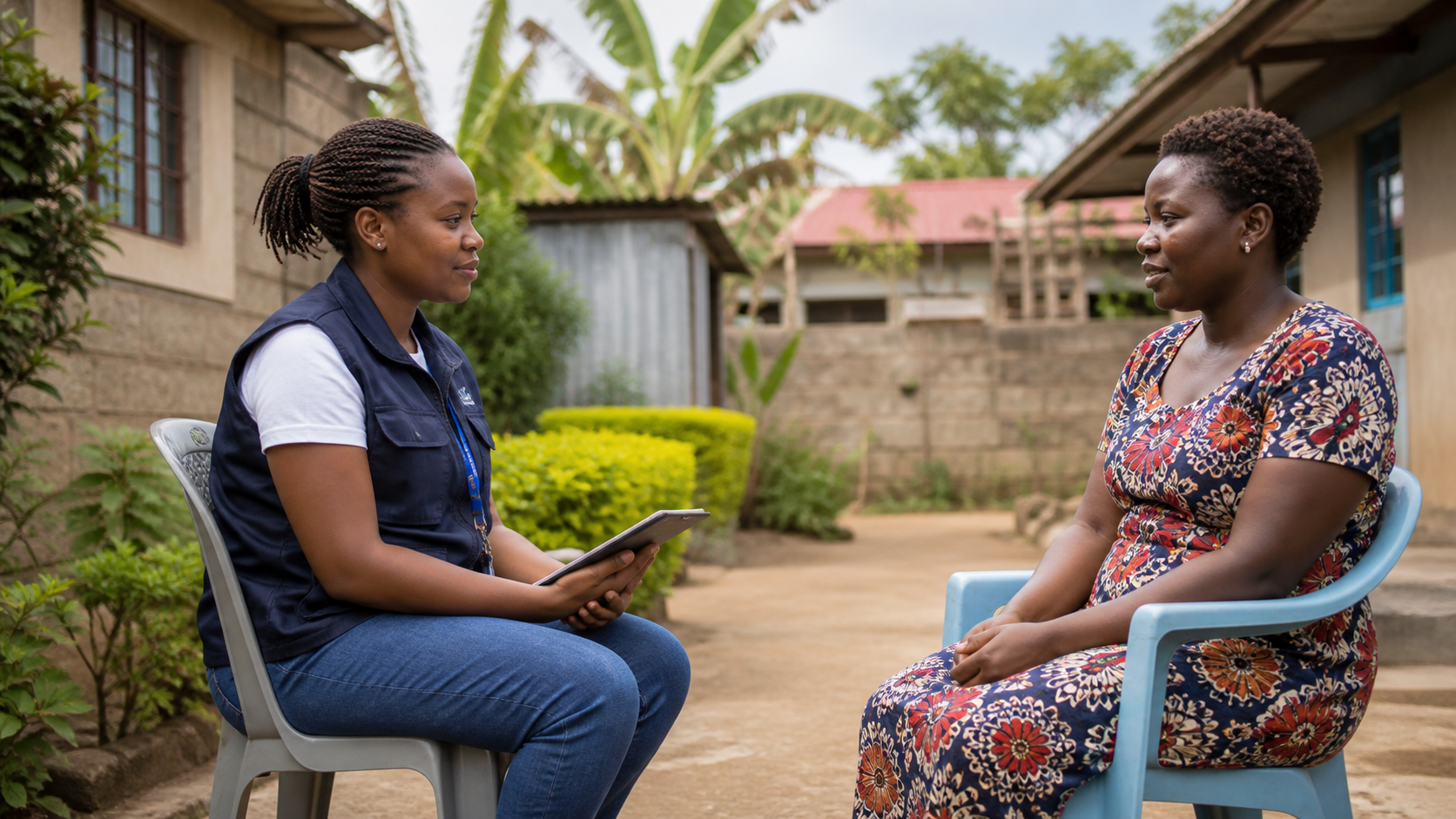 Field research assistant conducting a household interview