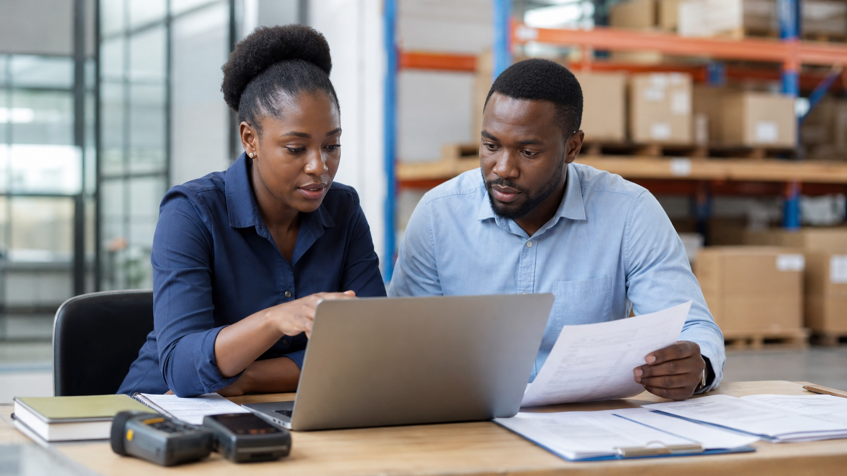 Business professionals reviewing import and export intelligence